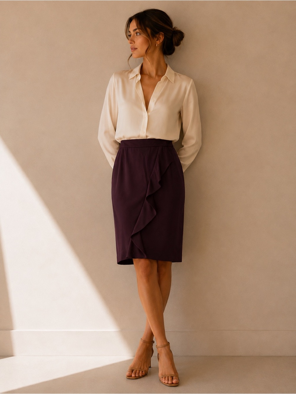 Talbots Burgundy Italian Wool Ruffle-Front Midi Pencil Skirt Size Medium 12P